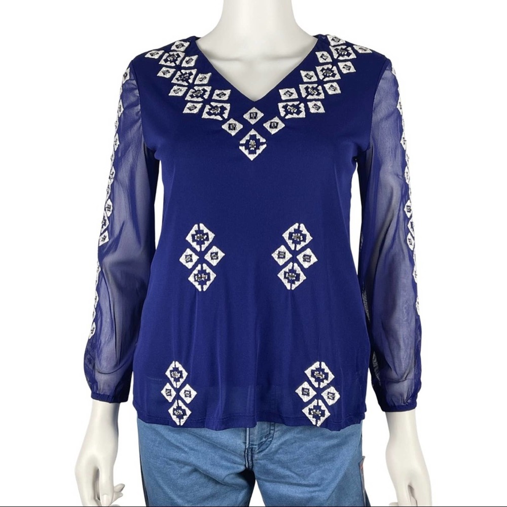 NWT Alfani Petite EmbroideredSequin Peasant Top PP